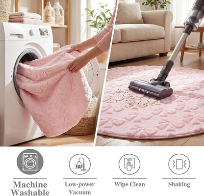 3D Bow Round Rug for Girls, Pink Fleece Circle Carpet 4 ft