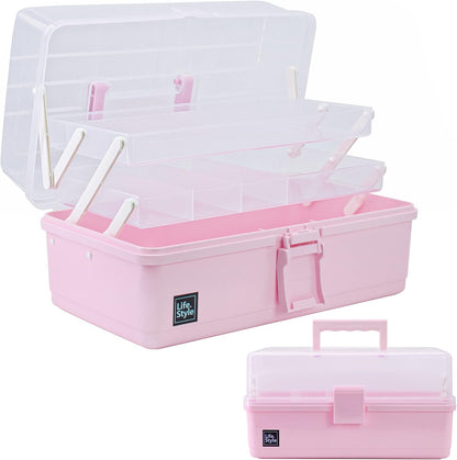 13 inch Art Craft Organizer Storage Box with 3 Layer, Multipurpose Plastic Tool Box with Handle for Sewing, Art Supply, Medicine, Nail, Hair Accessories (Pink)