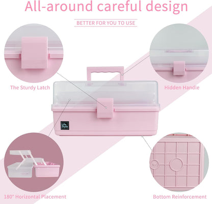 13 inch Art Craft Organizer Storage Box with 3 Layer, Multipurpose Plastic Tool Box with Handle for Sewing, Art Supply, Medicine, Nail, Hair Accessories (Pink)