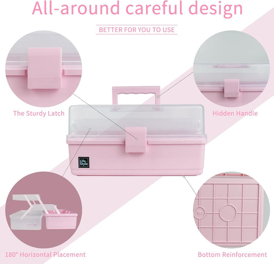 13 inch Art Craft Organizer Storage Box with 3 Layer, Multipurpose Plastic Tool Box with Handle for Sewing, Art Supply, Medicine, Nail, Hair Accessories (Pink)