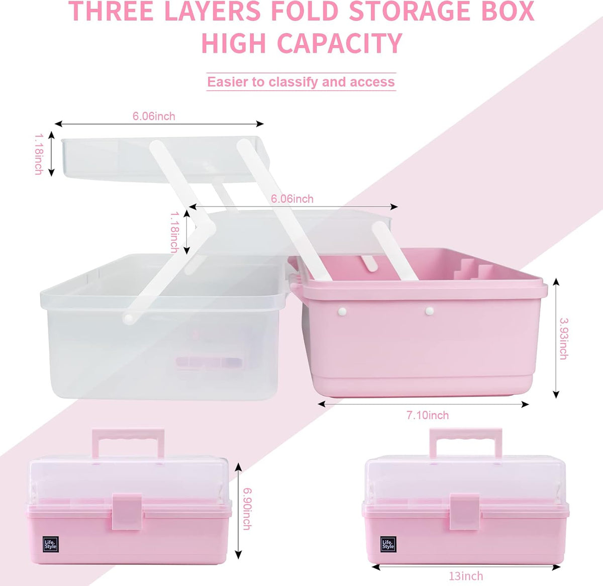 13 inch Art Craft Organizer Storage Box with 3 Layer, Multipurpose Plastic Tool Box with Handle for Sewing, Art Supply, Medicine, Nail, Hair Accessories (Pink)