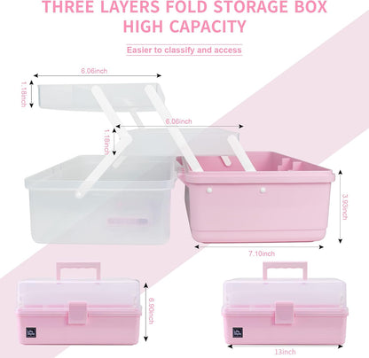 13 inch Art Craft Organizer Storage Box with 3 Layer, Multipurpose Plastic Tool Box with Handle for Sewing, Art Supply, Medicine, Nail, Hair Accessories (Pink)