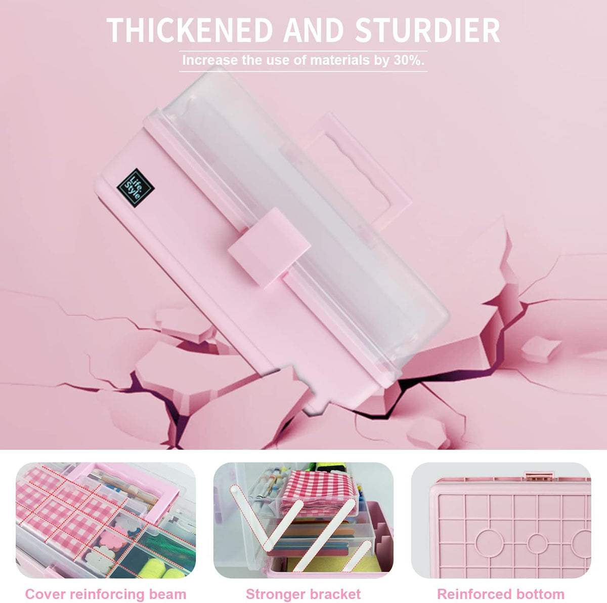 13 inch Art Craft Organizer Storage Box with 3 Layer, Multipurpose Plastic Tool Box with Handle for Sewing, Art Supply, Medicine, Nail, Hair Accessories (Pink)
