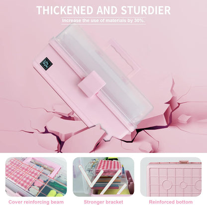 13 inch Art Craft Organizer Storage Box with 3 Layer, Multipurpose Plastic Tool Box with Handle for Sewing, Art Supply, Medicine, Nail, Hair Accessories (Pink)