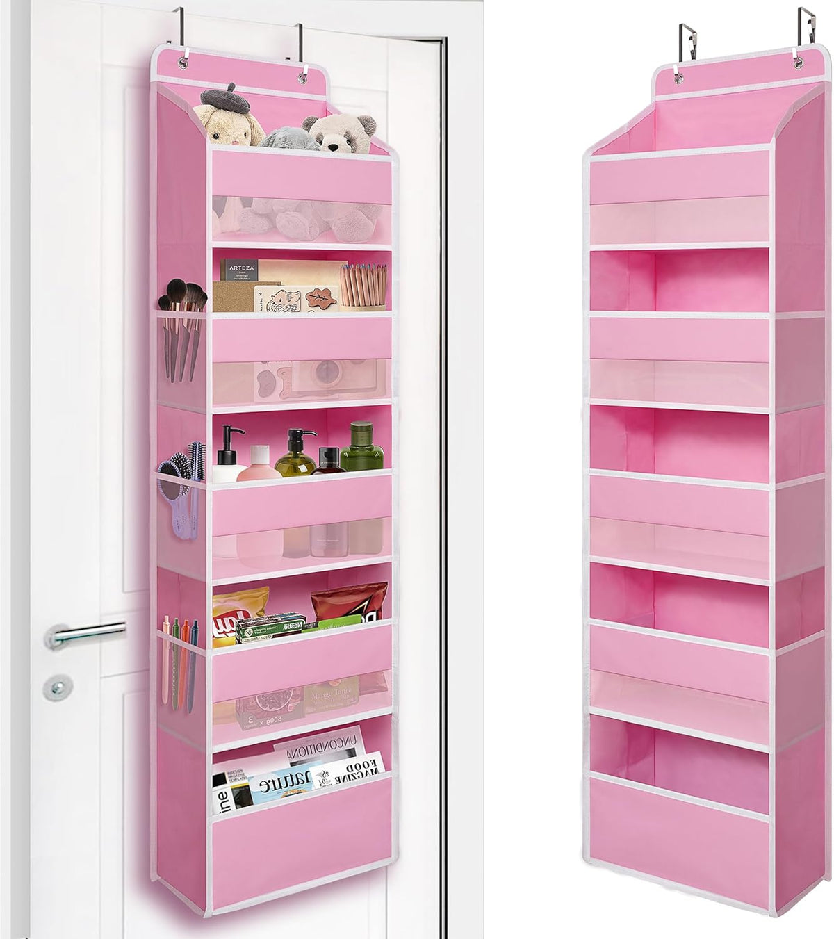 Pink Over Door Organizer with 5 Large Clear Pockets and 6 Side Mesh Pockets, Anti-Tilt Hanging Door Storage for Nursery, Bedroom, Bathroom, Closet, Toys, Baby Essentials