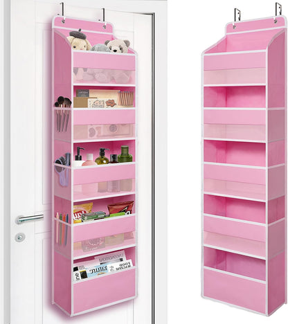 Pink Over Door Organizer with 5 Large Clear Pockets and 6 Side Mesh Pockets, Anti-Tilt Hanging Door Storage for Nursery, Bedroom, Bathroom, Closet, Toys, Baby Essentials