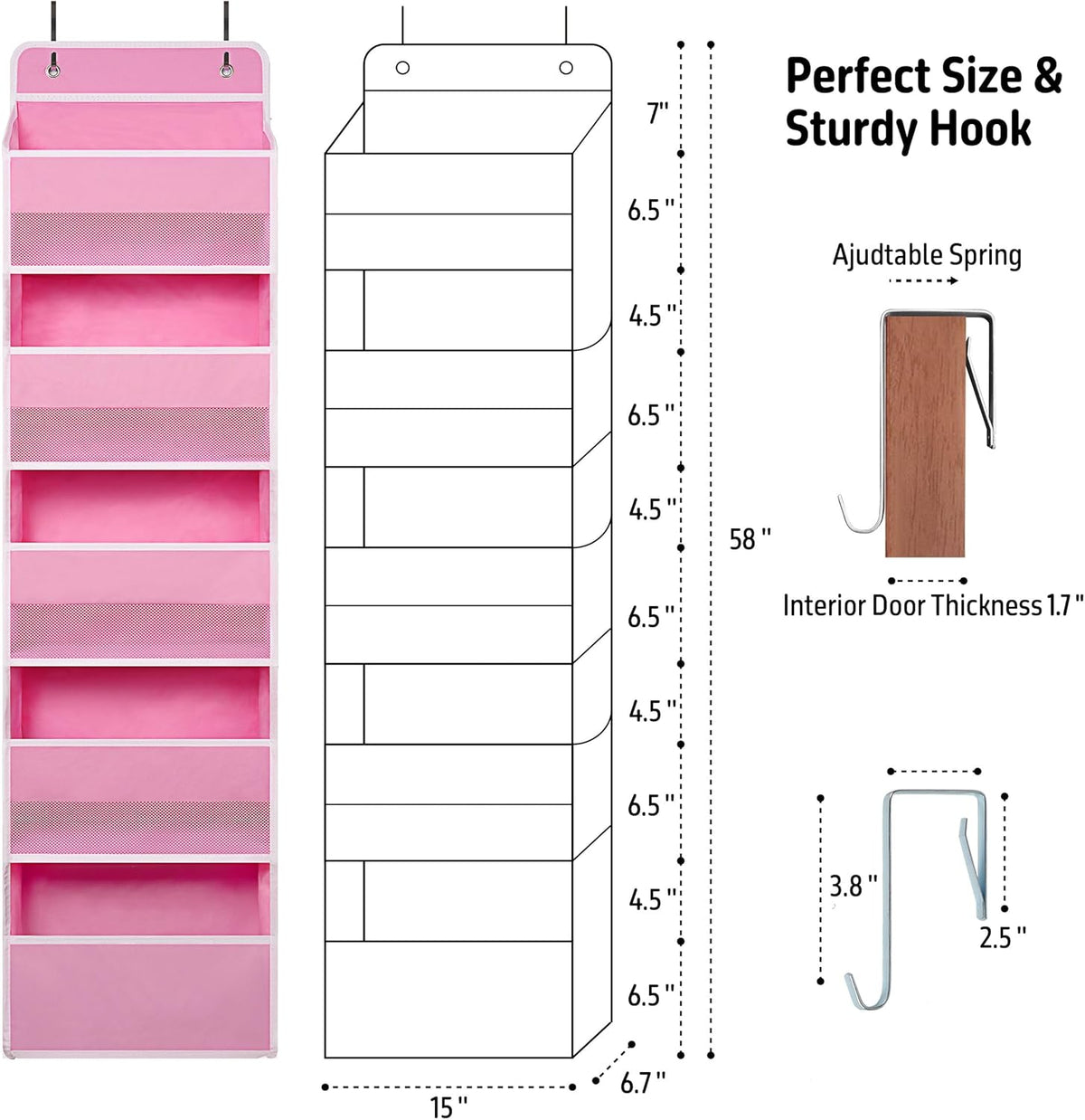 Pink Over Door Organizer with 5 Large Clear Pockets and 6 Side Mesh Pockets, Anti-Tilt Hanging Door Storage for Nursery, Bedroom, Bathroom, Closet, Toys, Baby Essentials