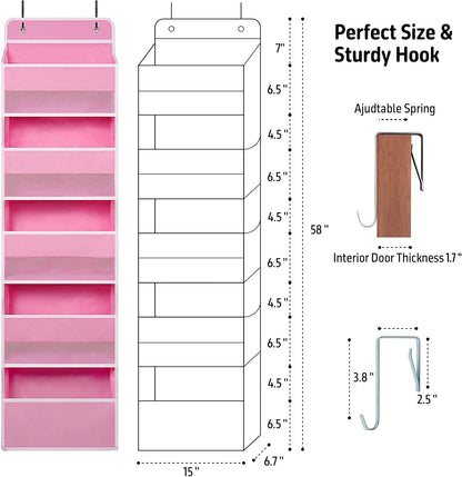 Pink Over Door Organizer with 5 Large Clear Pockets and 6 Side Mesh Pockets, Anti-Tilt Hanging Door Storage for Nursery, Bedroom, Bathroom, Closet, Toys, Baby Essentials