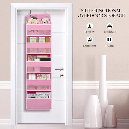 Pink Over Door Organizer with 5 Large Clear Pockets and 6 Side Mesh Pockets, Anti-Tilt Hanging Door Storage for Nursery, Bedroom, Bathroom, Closet, Toys, Baby Essentials