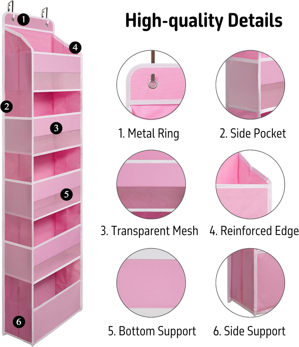 Pink Over Door Organizer with 5 Large Clear Pockets and 6 Side Mesh Pockets, Anti-Tilt Hanging Door Storage for Nursery, Bedroom, Bathroom, Closet, Toys, Baby Essentials