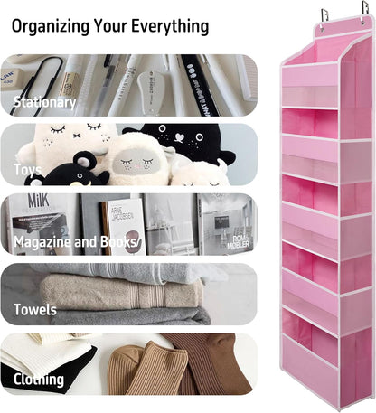 Pink Over Door Organizer with 5 Large Clear Pockets and 6 Side Mesh Pockets, Anti-Tilt Hanging Door Storage for Nursery, Bedroom, Bathroom, Closet, Toys, Baby Essentials