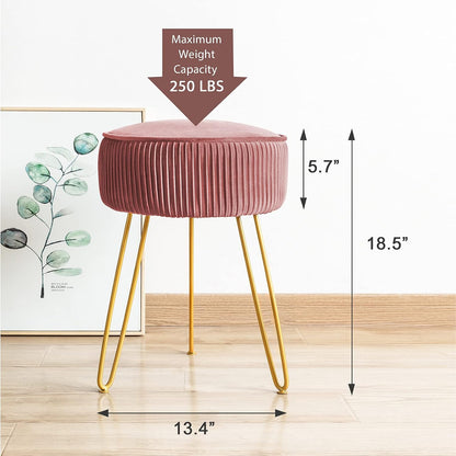 Velvet Vanity Stool for Makeup Room, Modern Ottoman Footrest with Metal Legs, Pink