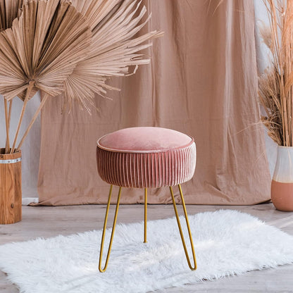 Velvet Vanity Stool for Makeup Room, Modern Ottoman Footrest with Metal Legs, Pink