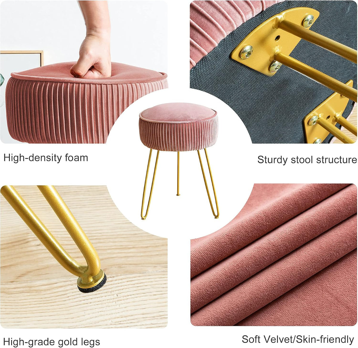 Velvet Vanity Stool for Makeup Room, Modern Ottoman Footrest with Metal Legs, Pink