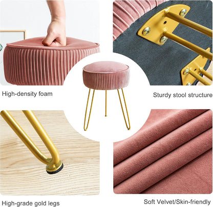 Velvet Vanity Stool for Makeup Room, Modern Ottoman Footrest with Metal Legs, Pink