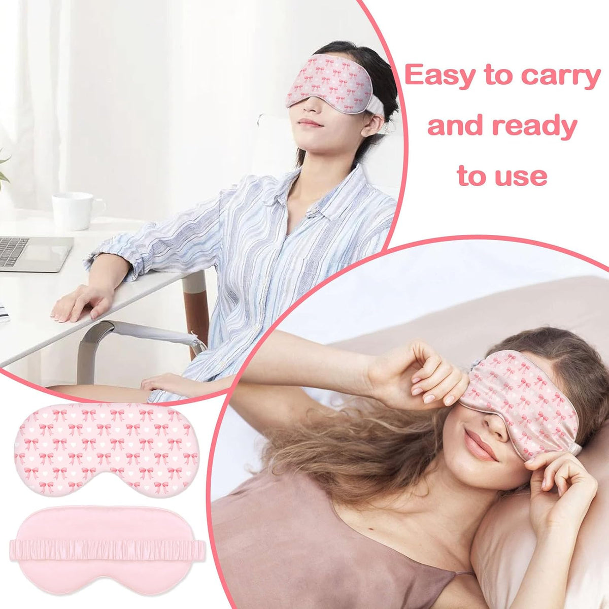 Pink Bow Sleep Mask for Women, Pink Sleep Mask, Night Masks for Sleeping for Women, Double Layer Silk Filling and Elastic Strap, Travel and Nap, Soft Eye Cover Eyeshade