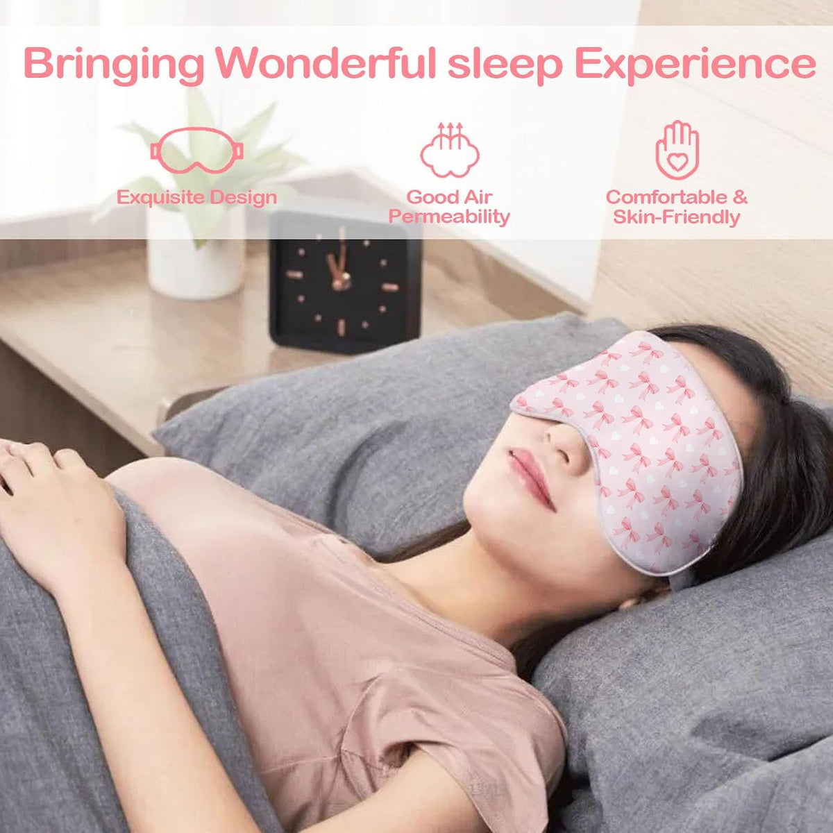 Pink Bow Sleep Mask for Women, Pink Sleep Mask, Night Masks for Sleeping for Women, Double Layer Silk Filling and Elastic Strap, Travel and Nap, Soft Eye Cover Eyeshade