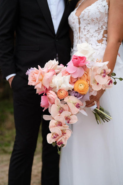 2pcs Champagne Pink Orchid Artificial Flowers, 34.3" Real Touch Fake Orchid Latex Phalaenopsis Branches for Home Party Wedding Bridal Shower Decoration