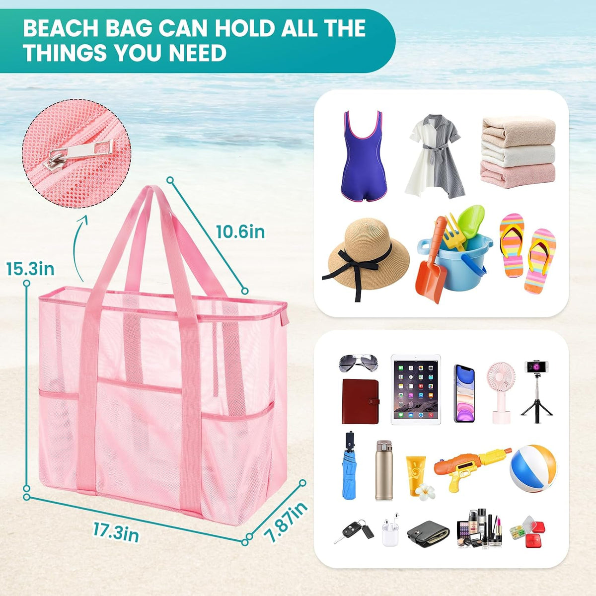 Mesh Beach Bag for Women, Large Waterproof Sandproof Tote Bags