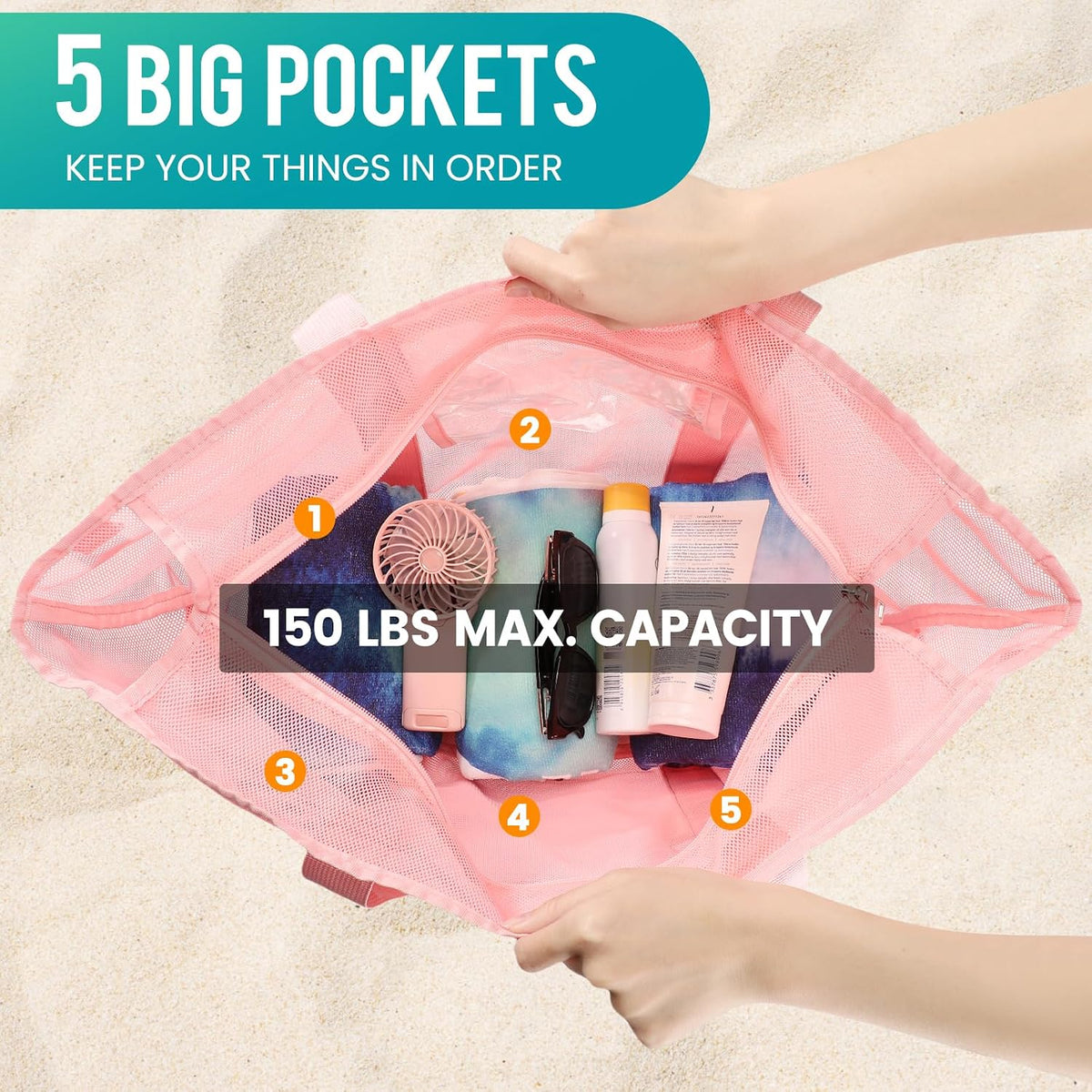 Mesh Beach Bag for Women, Large Waterproof Sandproof Tote Bags