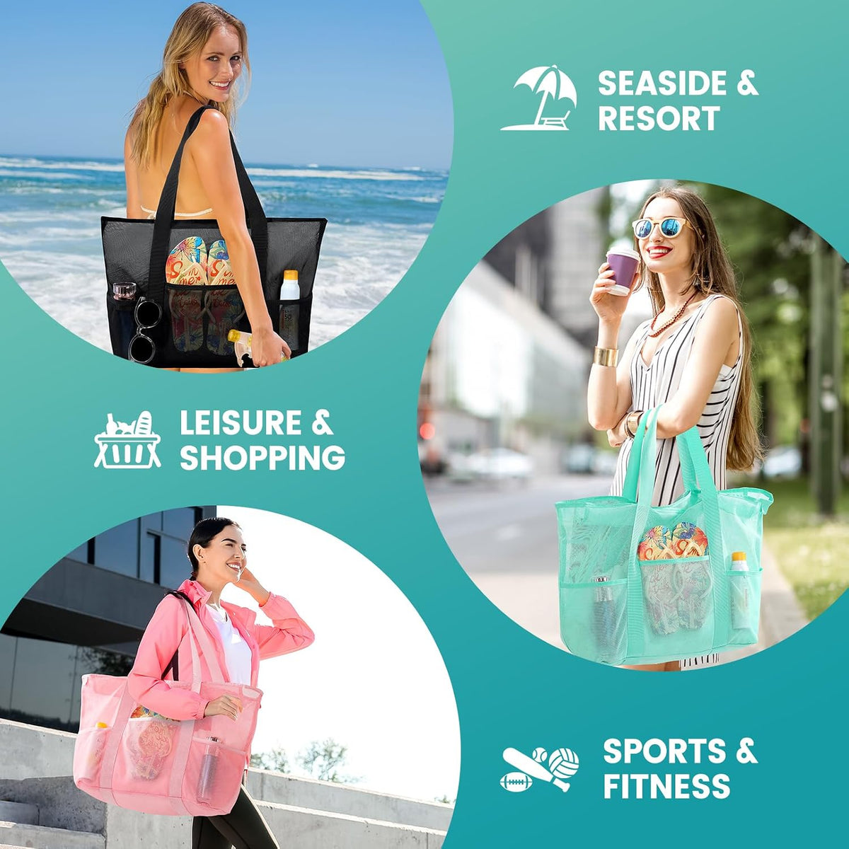 Mesh Beach Bag for Women, Large Waterproof Sandproof Tote Bags