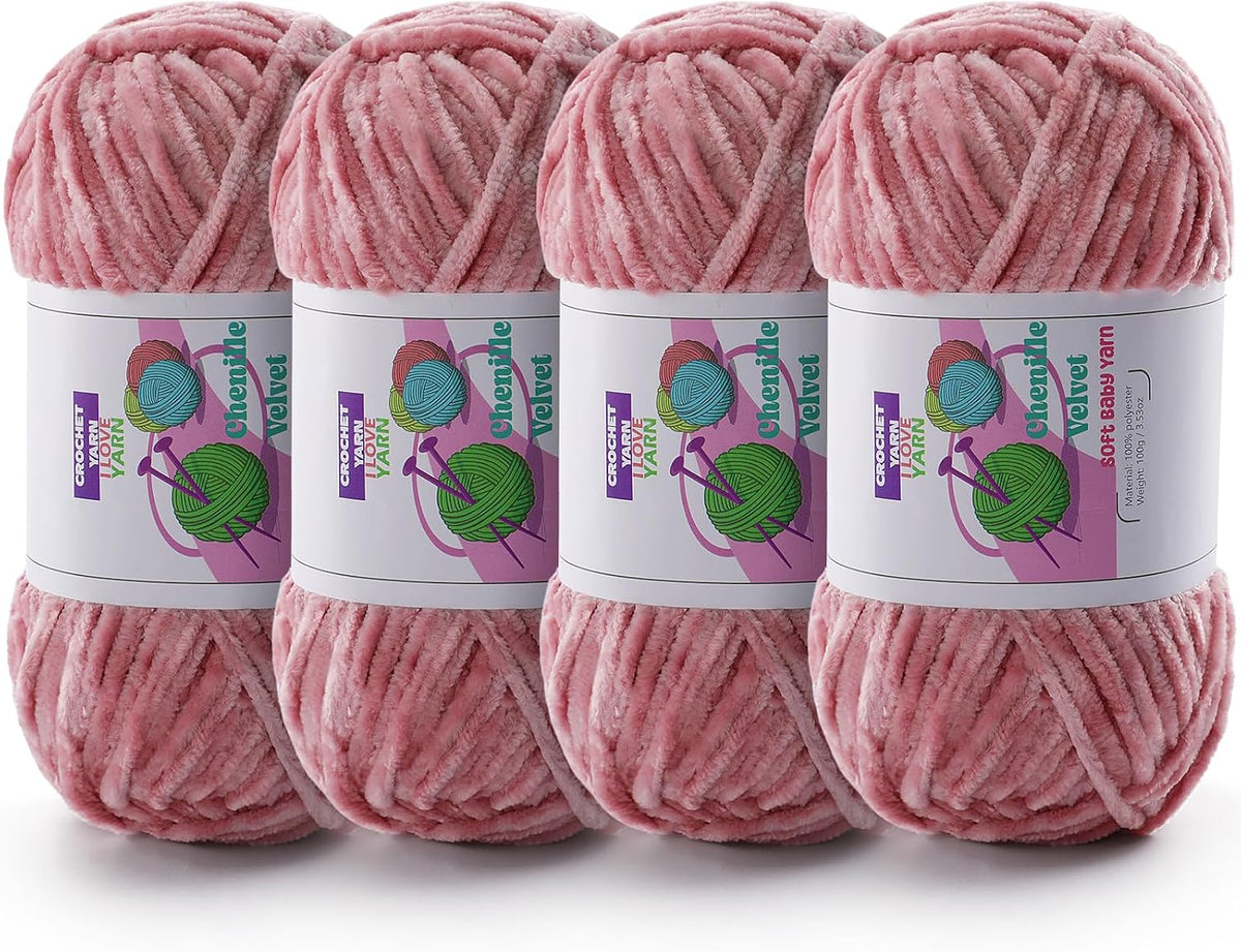 Chenille Velvet Yarn for Crocheting, Pink Fuzzy Fluffy Yarn for Crochet