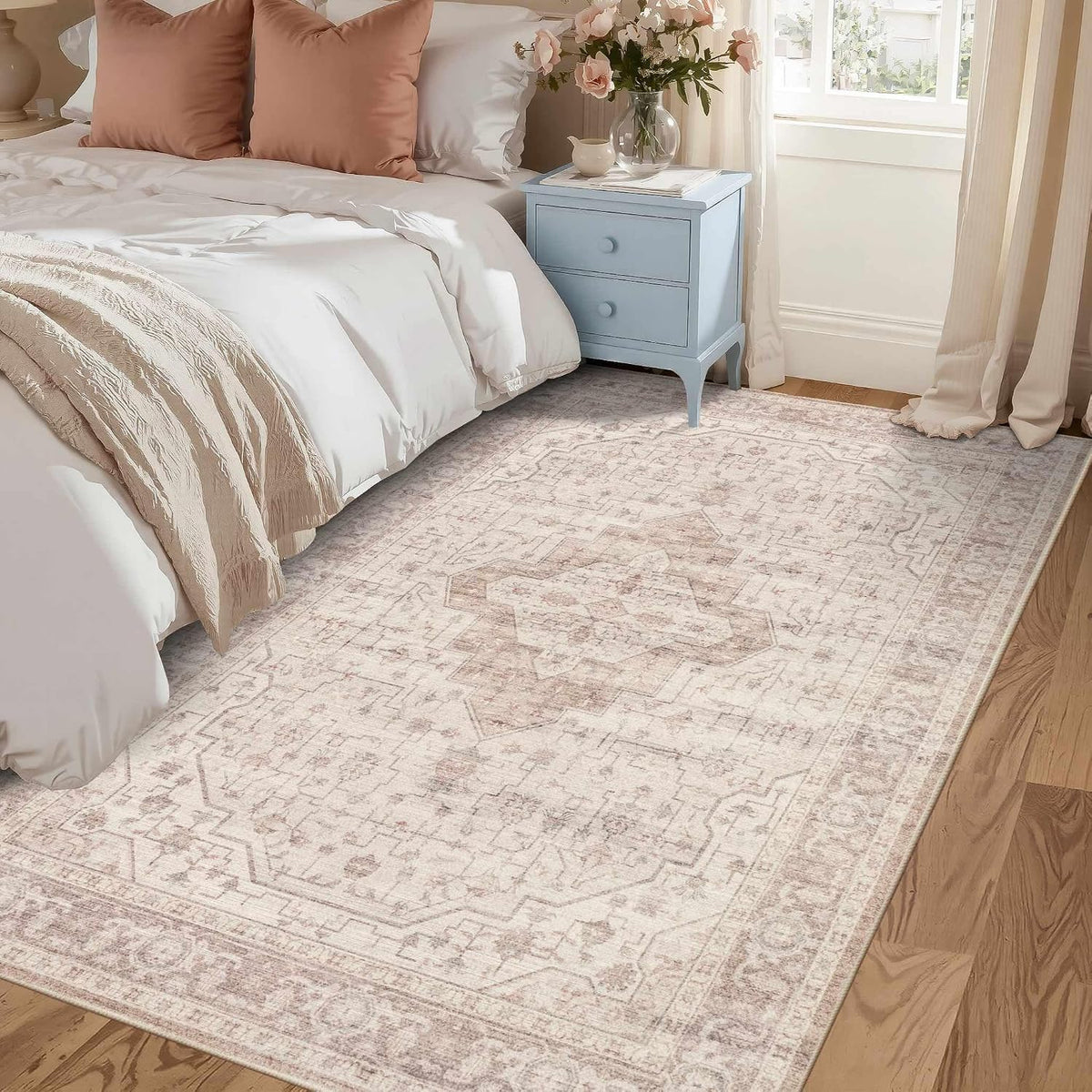 3x5 Entryway Rug,Pink Vintage Boho Bedroom Area Rug