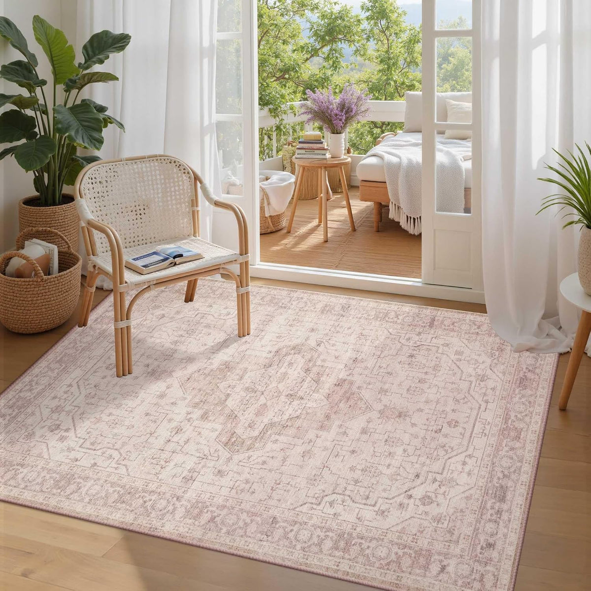 3x5 Entryway Rug,Pink Vintage Boho Bedroom Area Rug