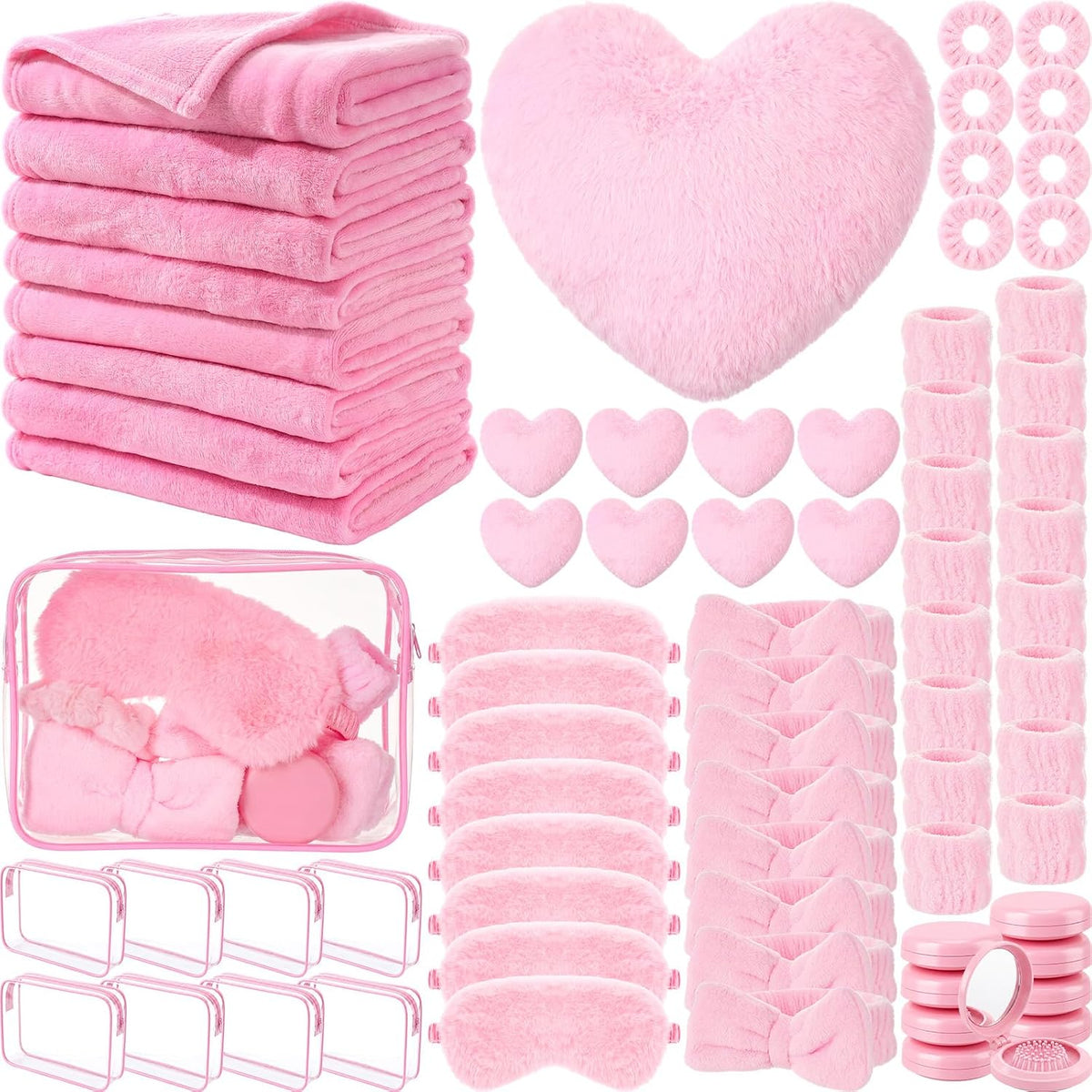 64 Pcs Spa Sleepover Party Supply with Fleece Blanket, Pink