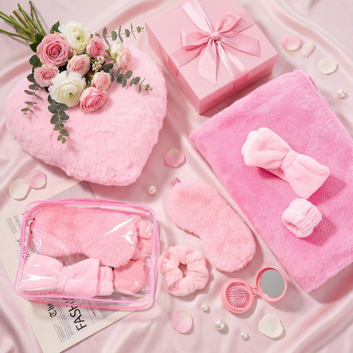 64 Pcs Spa Sleepover Party Supply with Fleece Blanket, Pink