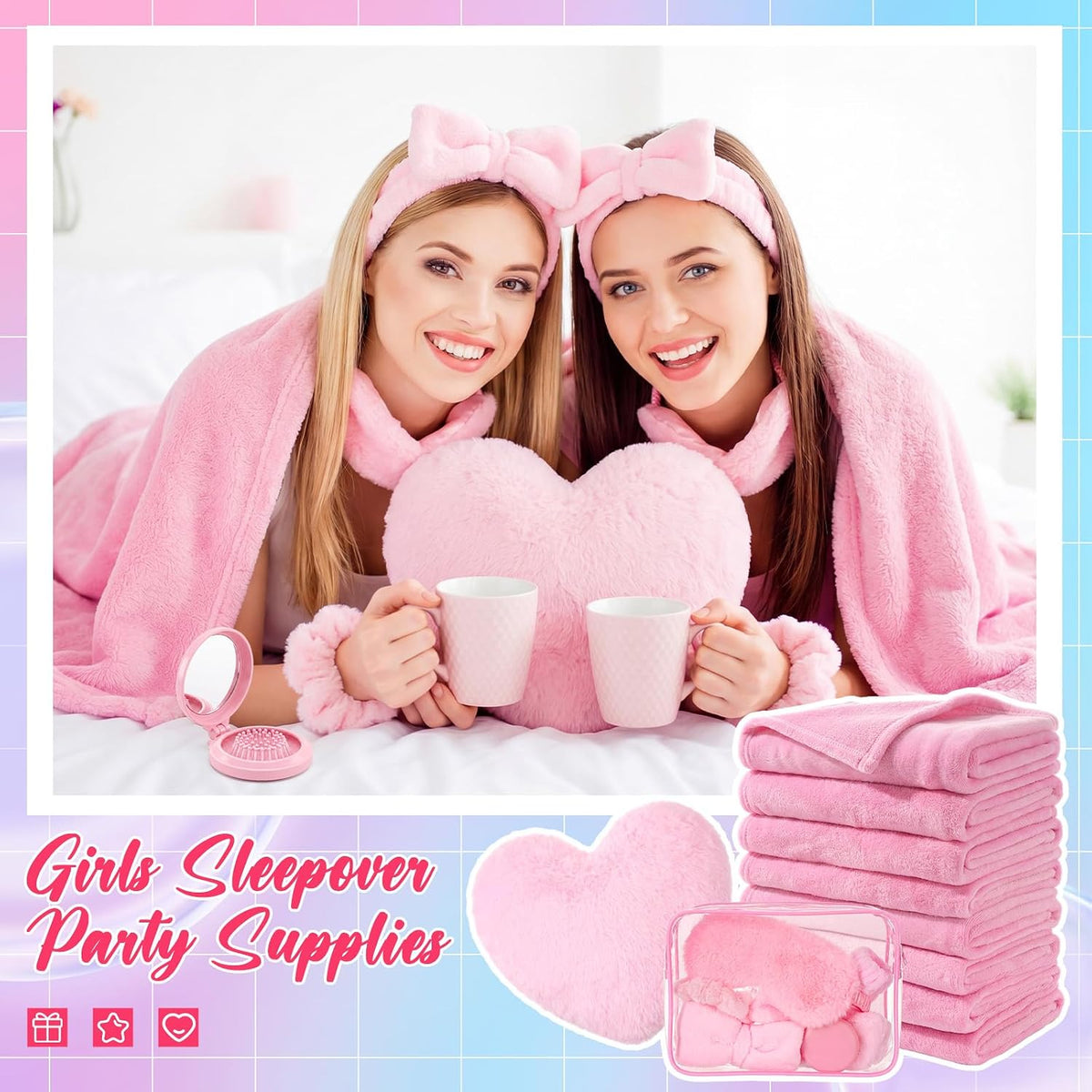 64 Pcs Spa Sleepover Party Supply with Fleece Blanket, Pink