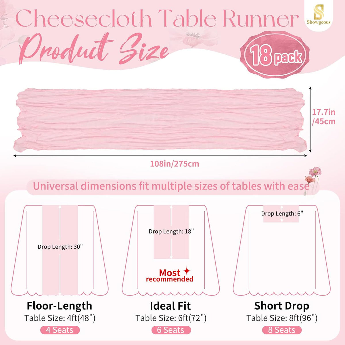 18 Pack Light Pink Cheesecloth Table Runner 17x108 Inches Boho Home Decor