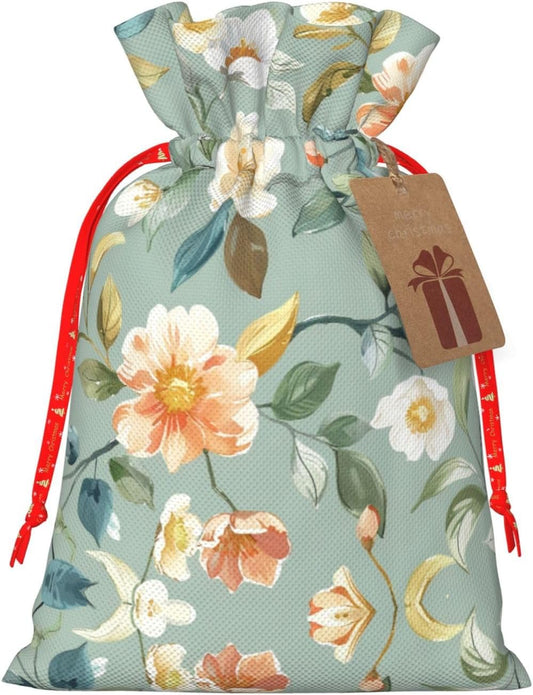 Gentle Peach White Vines Print Drawstring Gift Bags Various Sizes Perfect For Gifts Bulk Plastic Packaging Bags