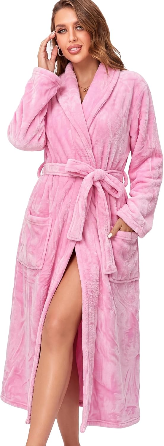 Womens Bathrobe Ladies Fleece Plush Warm Long Robes Fleece Nightgown Sleepwear