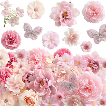 Artificial Silk Flower Heads for Crafts – Faux Roses, Daisies & Mini Floral Heads Bulk for Wedding, Graduation Cap, Cake Topper, Summer Party Decorations (Pink 1)