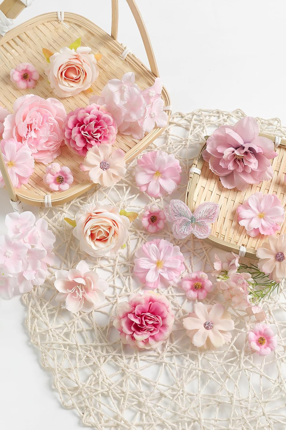 Artificial Silk Flower Heads for Crafts – Faux Roses, Daisies & Mini Floral Heads Bulk for Wedding, Graduation Cap, Cake Topper, Summer Party Decorations (Pink 1)
