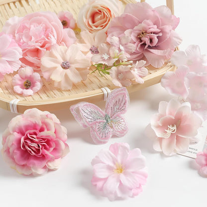 Artificial Silk Flower Heads for Crafts – Faux Roses, Daisies & Mini Floral Heads Bulk for Wedding, Graduation Cap, Cake Topper, Summer Party Decorations (Pink 1)