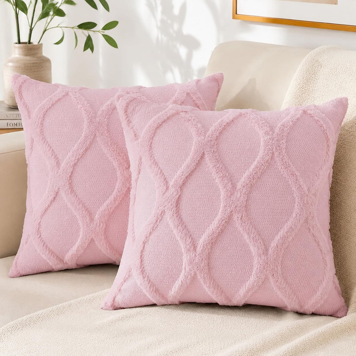 Fall Faux Fur Light Pink Throw Pillow Covers 18x18 Set of 2