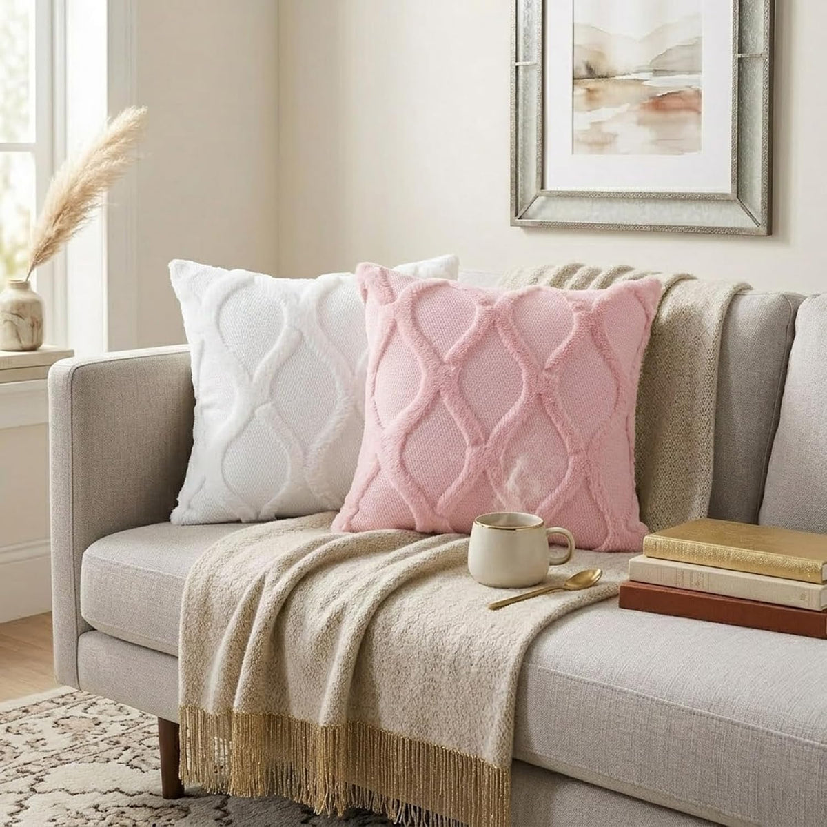 Fall Faux Fur Light Pink Throw Pillow Covers 18x18 Set of 2