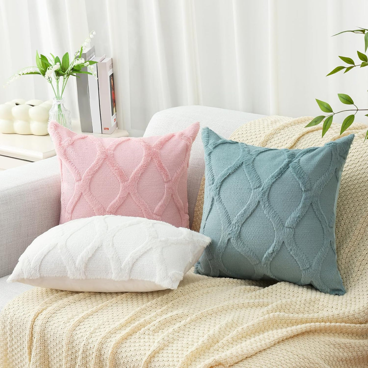 Fall Faux Fur Light Pink Throw Pillow Covers 18x18 Set of 2
