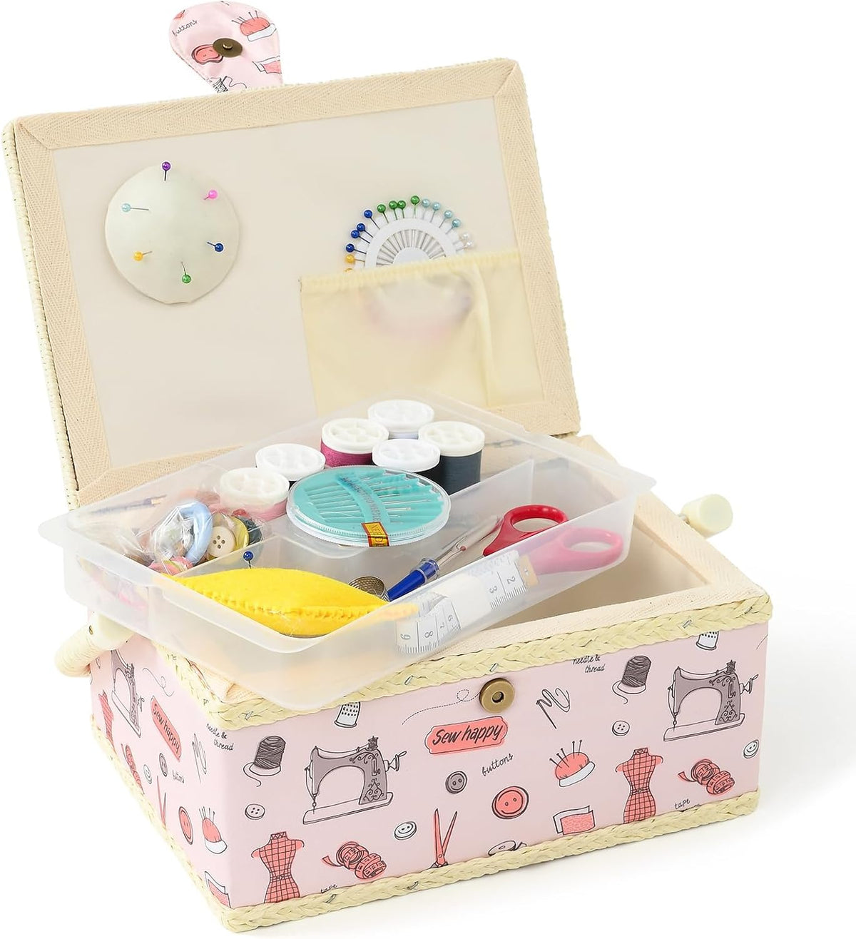 Medium Sewing Basket with Accessories, Sewing Supplies Storage (Pink)