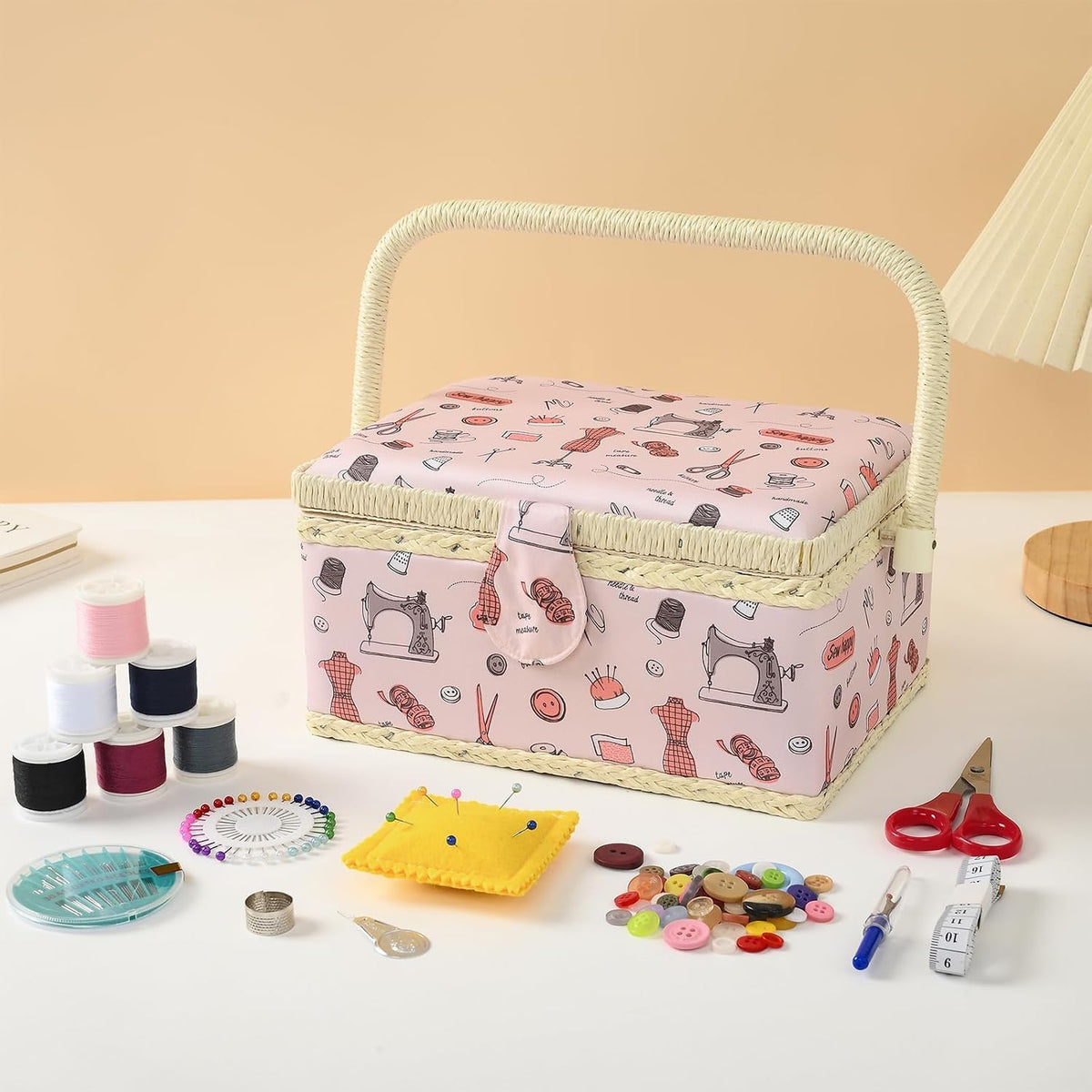 Medium Sewing Basket with Accessories, Sewing Supplies Storage (Pink)