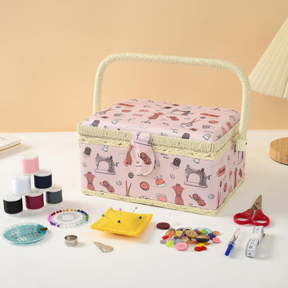 Medium Sewing Basket with Accessories, Sewing Supplies Storage (Pink)