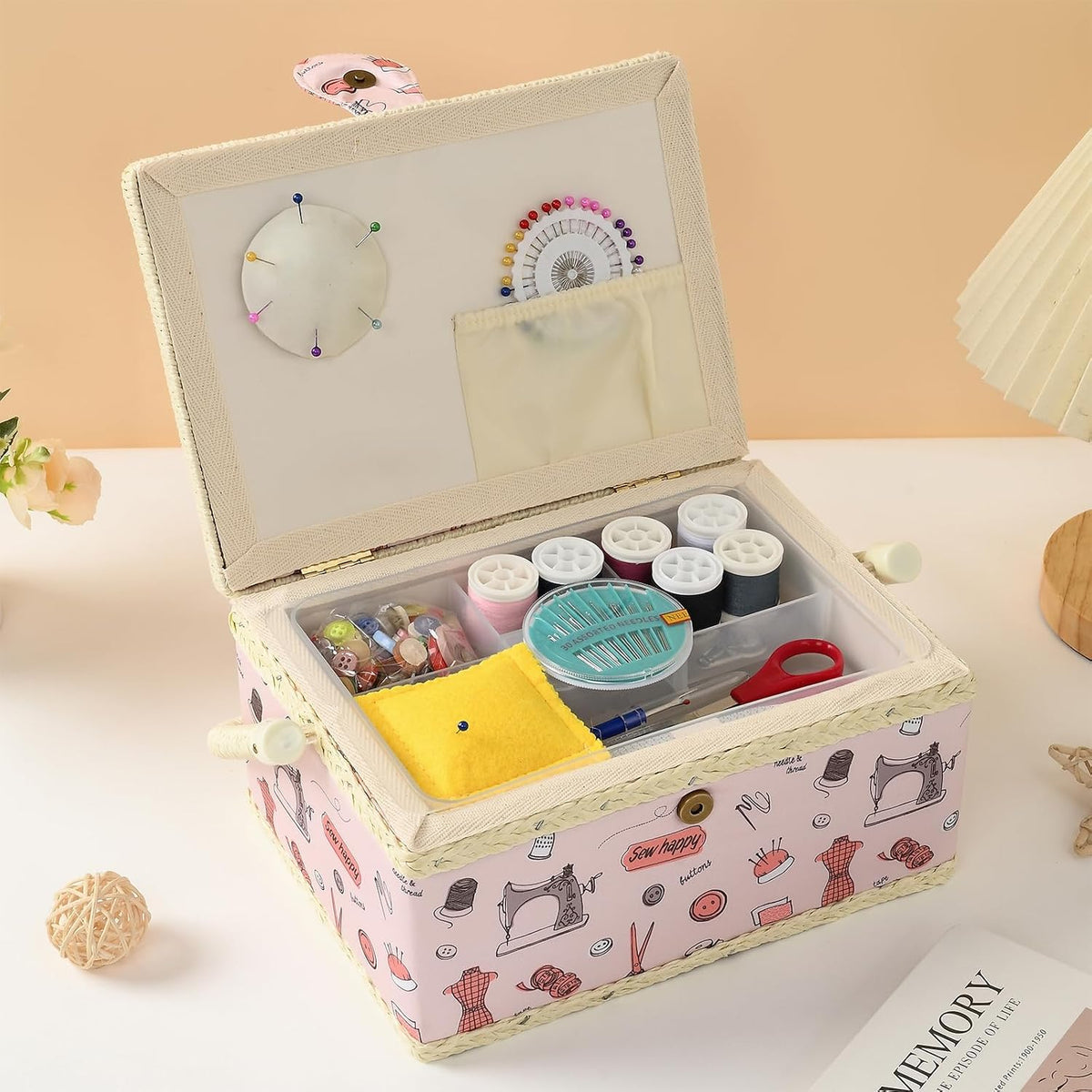 Medium Sewing Basket with Accessories, Sewing Supplies Storage (Pink)