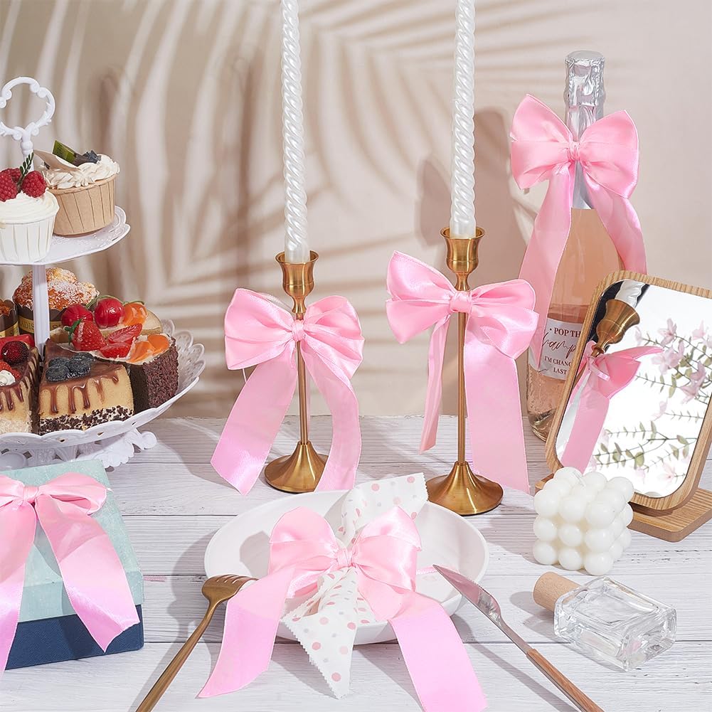 24pcs Pink Bowknot Ribbon Bow Napkin Ring Bow Tie Candlestick Decor Gift Wrapping Satin Bowknots Napkin Holder for Party Centerpiece Wedding Birthday Holiday Tabletop Crafts Decoration