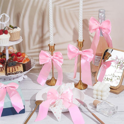 24pcs Pink Bowknot Ribbon Bow Napkin Ring Bow Tie Candlestick Decor Gift Wrapping Satin Bowknots Napkin Holder for Party Centerpiece Wedding Birthday Holiday Tabletop Crafts Decoration