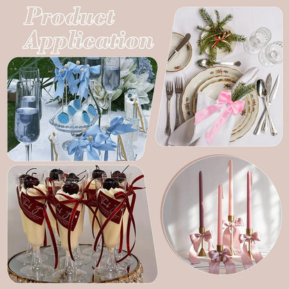 24pcs Pink Bowknot Ribbon Bow Napkin Ring Bow Tie Candlestick Decor Gift Wrapping Satin Bowknots Napkin Holder for Party Centerpiece Wedding Birthday Holiday Tabletop Crafts Decoration