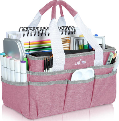 Craft Organizer Tote Bag, Art Storage Caddy with Multiple Pockets, Pink Sewing Bag for Art, Craft, Scrapbooking, School, Medical, and Office Supplies Storage