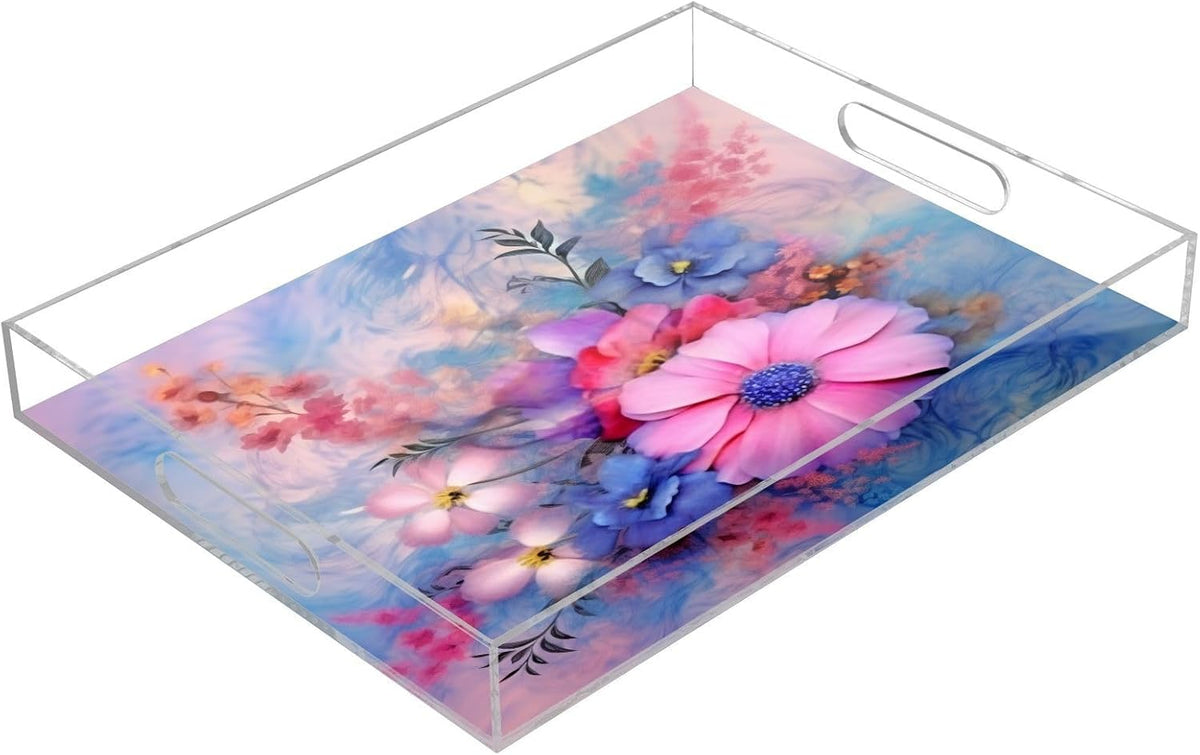 Pink Flower Acrylic Serving Tray with Handles 12 x 16 Inch, Sturdy Spill-Proof & Non-Slip Decorative Tray for Kitchen Countertop, Bathroom Vanity Organizer, Ottoman Coffee Table