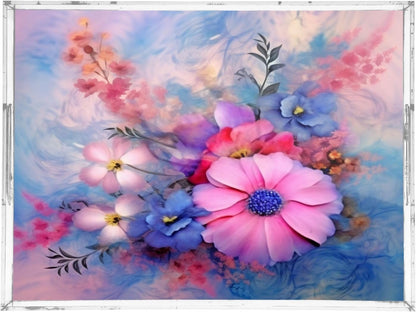 Pink Flower Acrylic Serving Tray with Handles 12 x 16 Inch, Sturdy Spill-Proof & Non-Slip Decorative Tray for Kitchen Countertop, Bathroom Vanity Organizer, Ottoman Coffee Table
